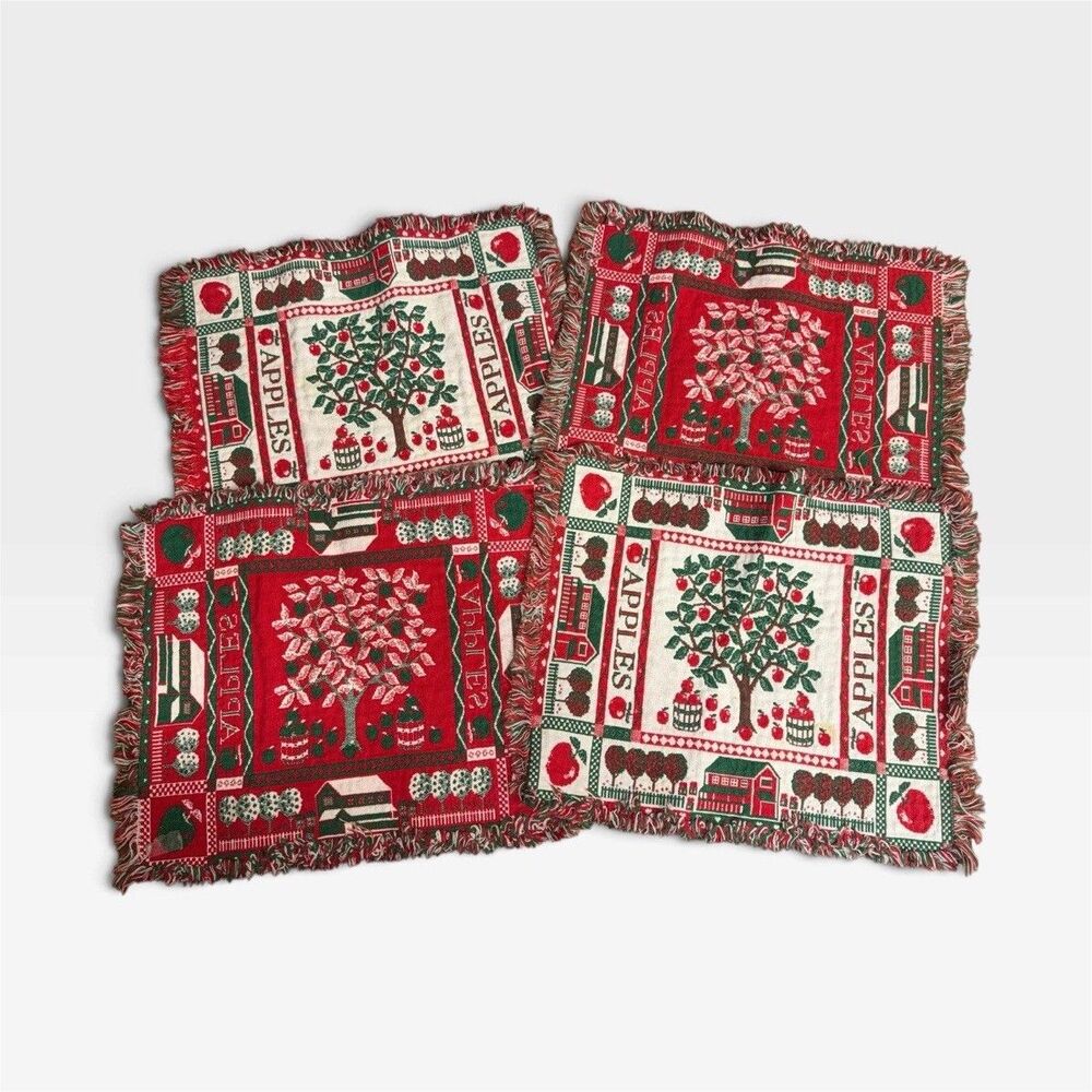 Vtg Apple Tapestry Placemats Set of 4 Fringed Woven Country Cottagecore Rustic